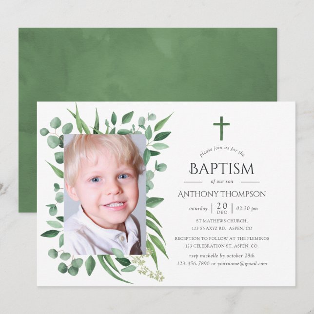 Eucalyptus Forest Greenery Baptism or Christening Invitation (Front/Back)
