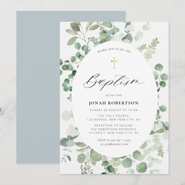 Eucalyptus frame baby boy Baptism invitation (Front/Back)