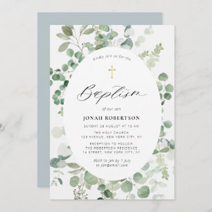 Eucalyptus frame baby boy Baptism invitation