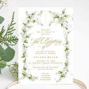 Eucalyptus Frame Gold Cross Baptism Foil Invite