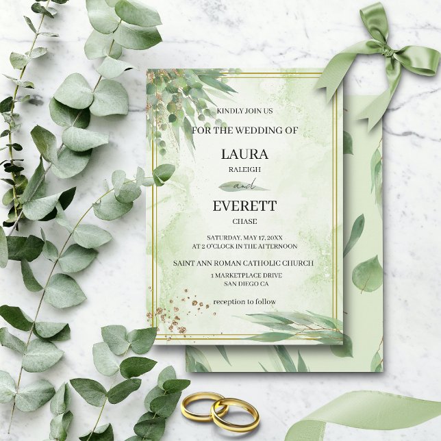 Eucalyptus Frame Green Gold Foliage Watercolor  Invitation (Creator Uploaded)