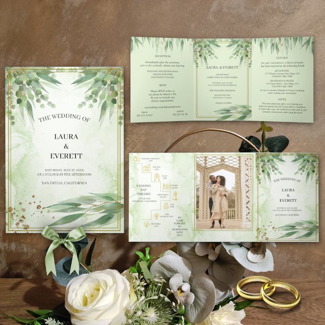 Eucalyptus Frame Green Gold Foliage Watercolor  Tri-Fold Invitation (Creator Uploaded)