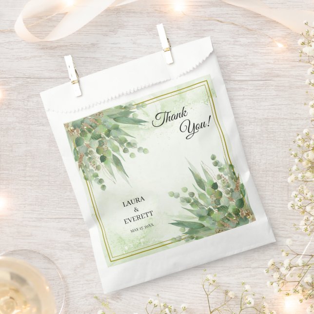 Eucalyptus Frame Green Gold Foliage Wedding Favour Bags (Clipped)