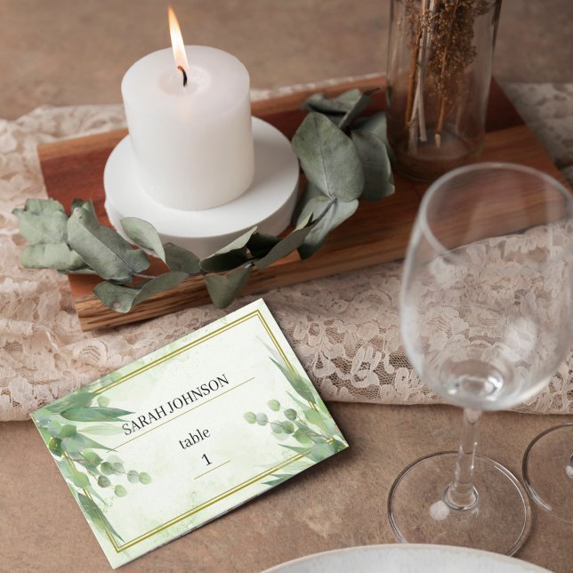 Eucalyptus Frame Green Gold Foliage Wedding Place Card (Creator Uploaded)