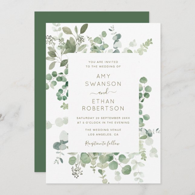 eucalyptus frame greenery wedding invitation (Front/Back)