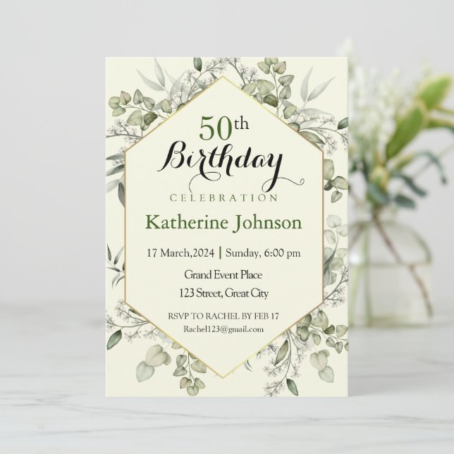 Eucalyptus Frame Simple 50th Birthday Invitation (Standing Front)