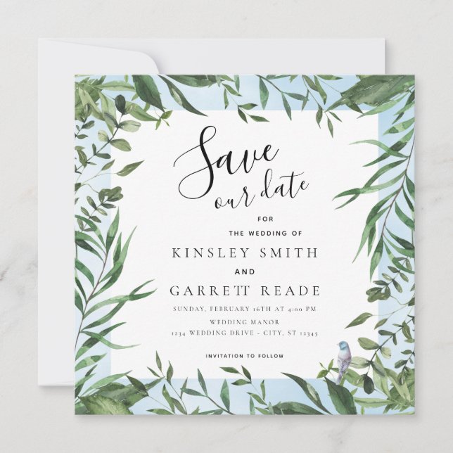 Eucalyptus Frame Soft Blue Watercolor Wedding Save The Date (Front)
