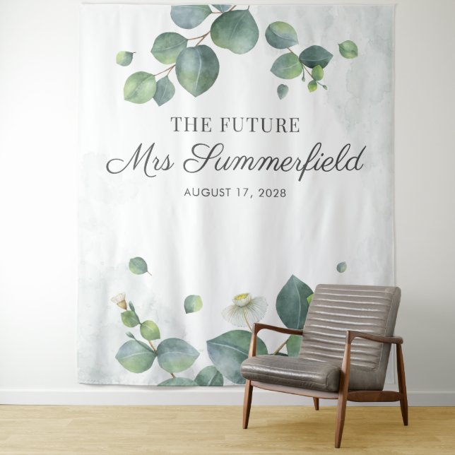 Eucalyptus Future Mrs Photo Booth Backdrop Tapestry (In Situ)