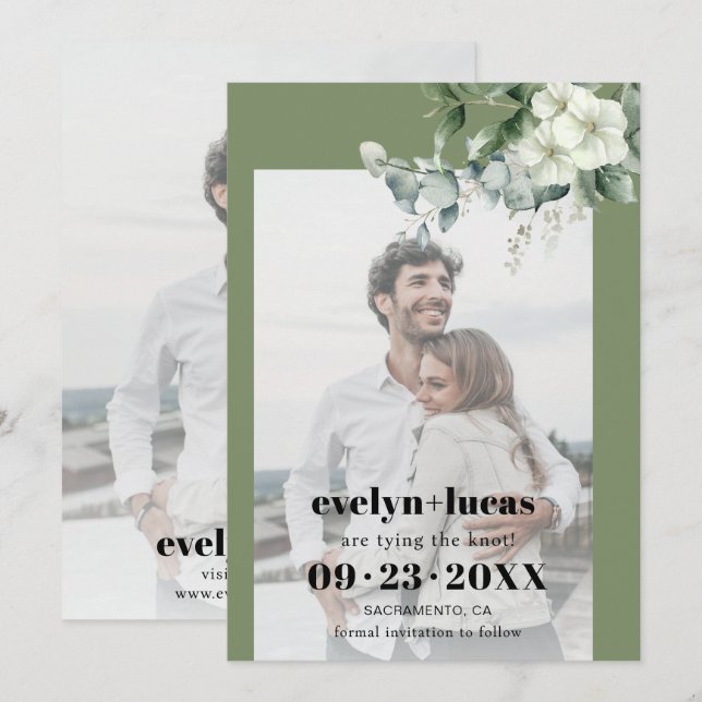 Eucalyptus gbranch and white flowers photo wedding save the date (Front/Back)