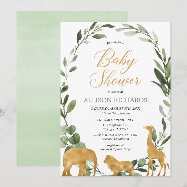 Eucalyptus gender neutral greenery gold safari invitation (Front/Back)