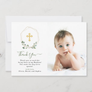 Eucalyptus Geometric and Cross Baptism Photo Thank You Card