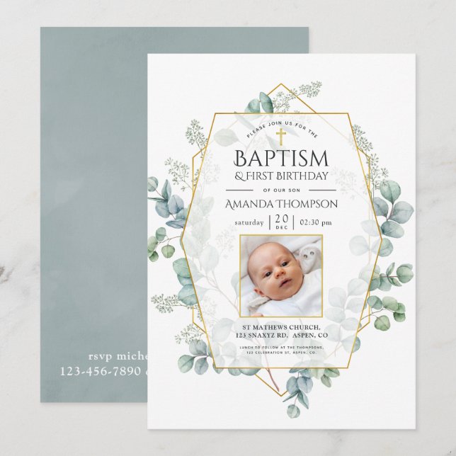 Eucalyptus Geometric Baptism 1st Birthday Invitation (Front/Back)