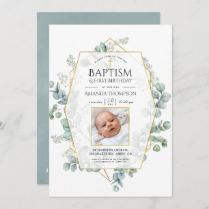 Eucalyptus Geometric Baptism 1st Birthday Invitation