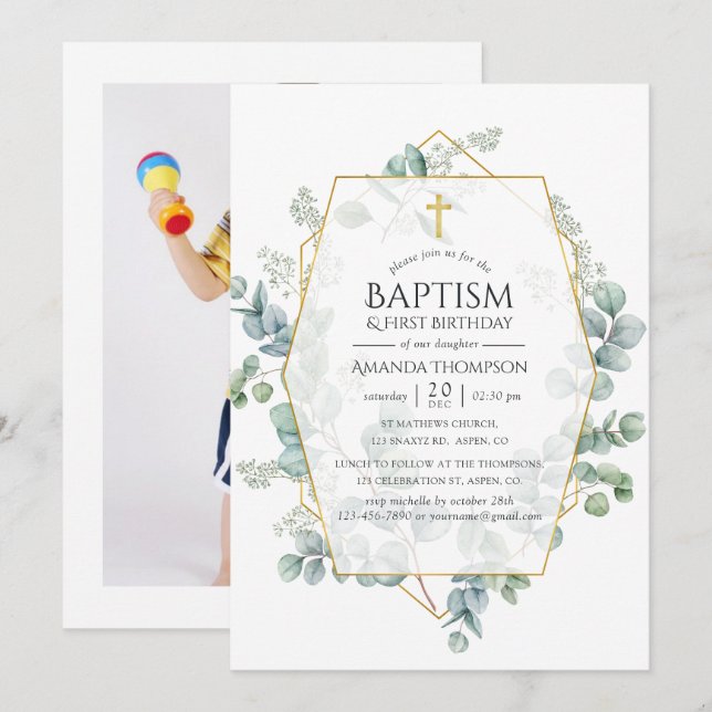 Eucalyptus Geometric Baptism 1st Birthday Photo Invitation (Front/Back)