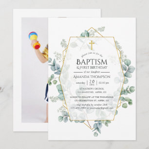 Eucalyptus Geometric Baptism 1st Birthday Photo Invitation