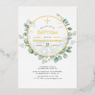 Eucalyptus Geometric Baptism Foil Invitation
