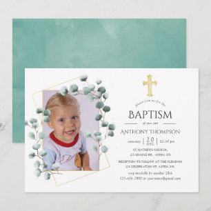 Eucalyptus Geometric Baptism or Christening Invitation