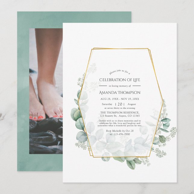 Eucalyptus Geometric Celebration of Life Photo Invitation (Front/Back)