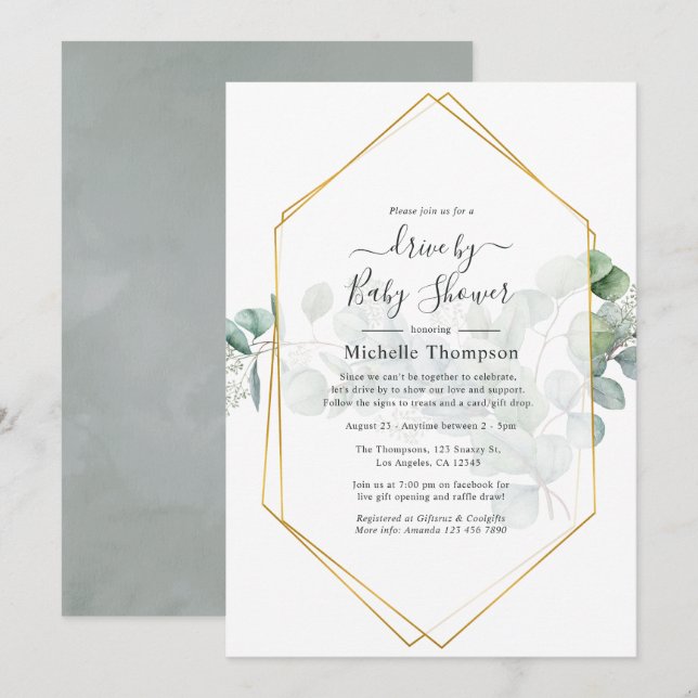 Eucalyptus Geometric Drive By Shower Invitation (Front/Back)