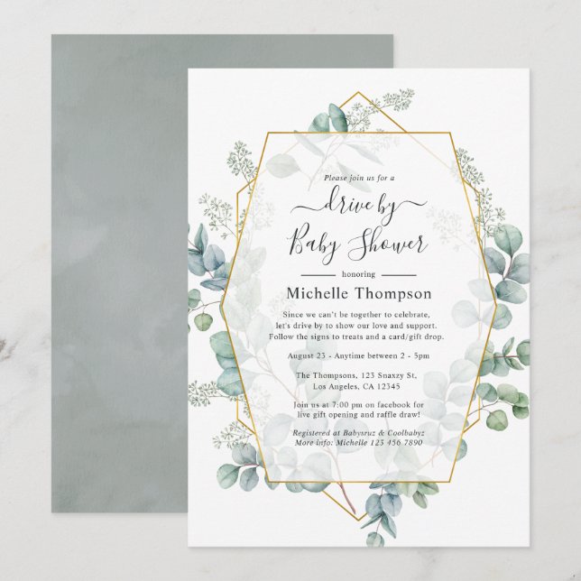 Eucalyptus Geometric Drive By Shower Invitation (Front/Back)