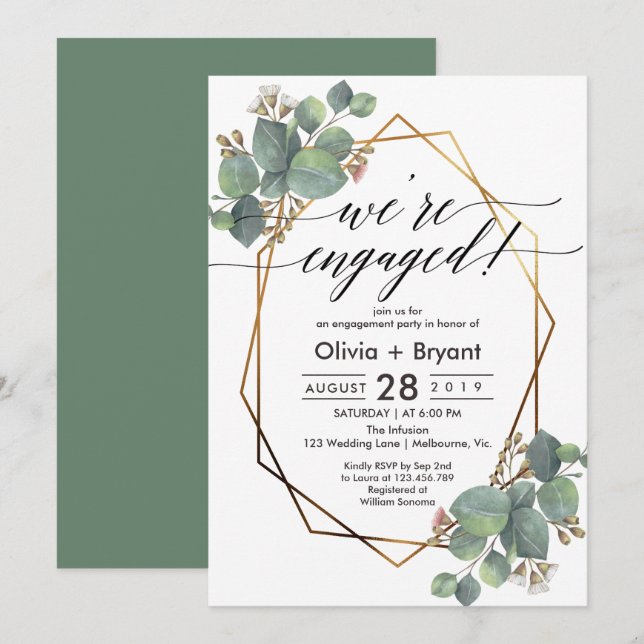 Eucalyptus geometric frame engagement party invitation (Front/Back)