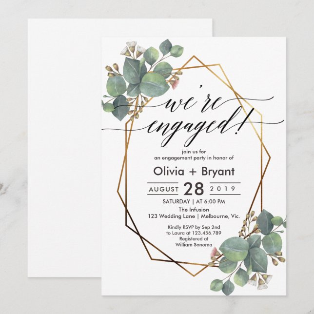 Eucalyptus geometric frame engagement party invitation (Front/Back)