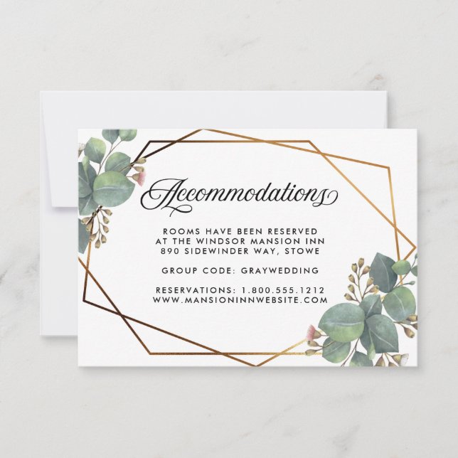 Eucalyptus geometric frame wedding accommodations invitation (Front)