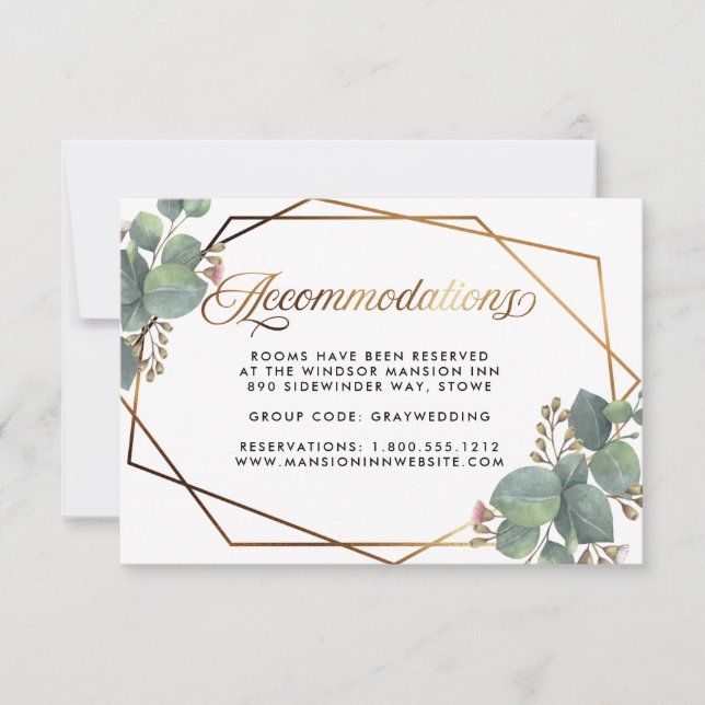 Eucalyptus geometric frame wedding accommodations invitation (Front)