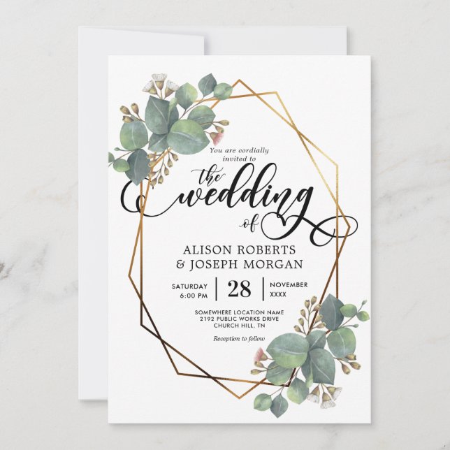 Eucalyptus geometric frame wedding invitation (Front)