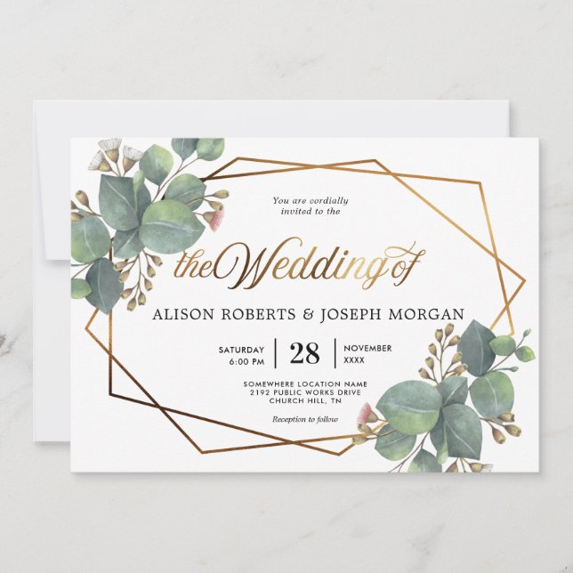Eucalyptus geometric frame wedding invitation (Front)