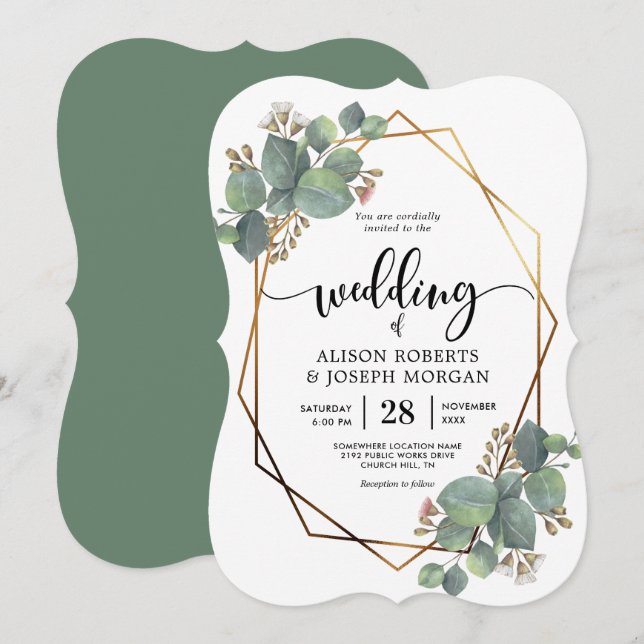 Eucalyptus geometric frame wedding invitation (Front/Back)