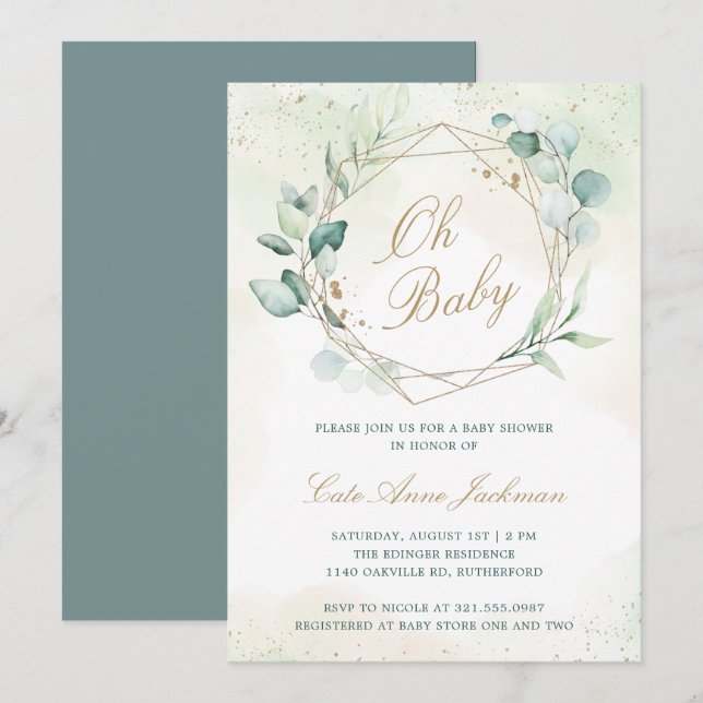 Eucalyptus Geometric Gender Neutral Oh Baby Shower Invitation (Front/Back)