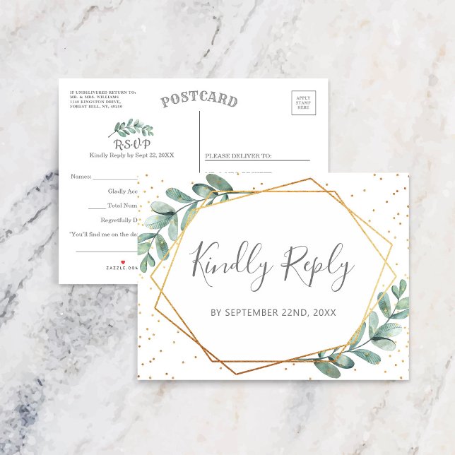 Eucalyptus Geometric Gold Foil Wedding RSVP Announcement Postcard (Creator Uploaded)