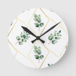 Eucalyptus Geometric Gold Pattern Round Clock