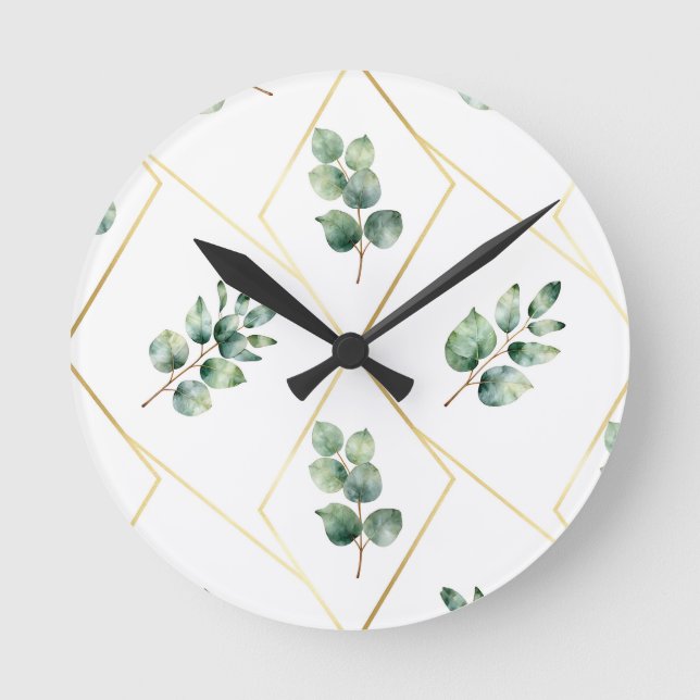 Eucalyptus Geometric Gold Pattern Round Clock (Front)