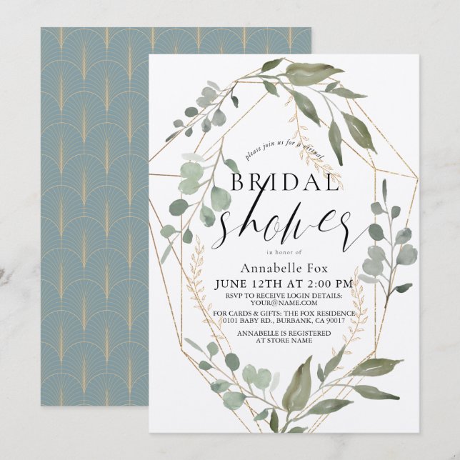 Eucalyptus Geometric Gold Virtual Bridal Shower Invitation (Front/Back)