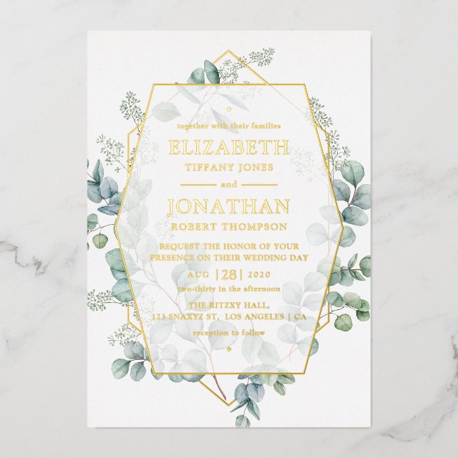 Eucalyptus Geometric Gold Wedding Foil Invitation (Front)