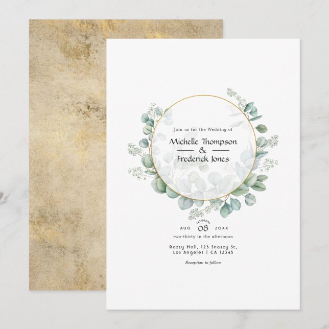 Eucalyptus Geometric Gold Wedding Invitation (Front/Back)