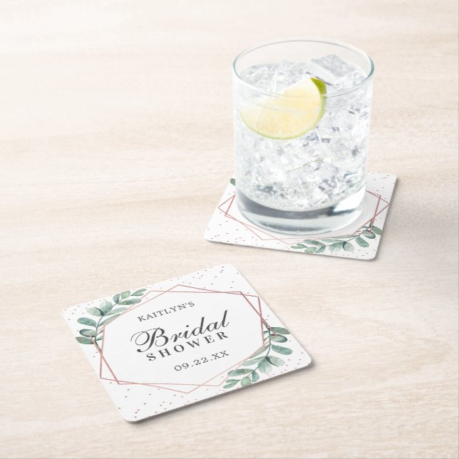 Eucalyptus Geometric Rose Gold Foil Bridal Shower Square Paper Coaster (Insitu)