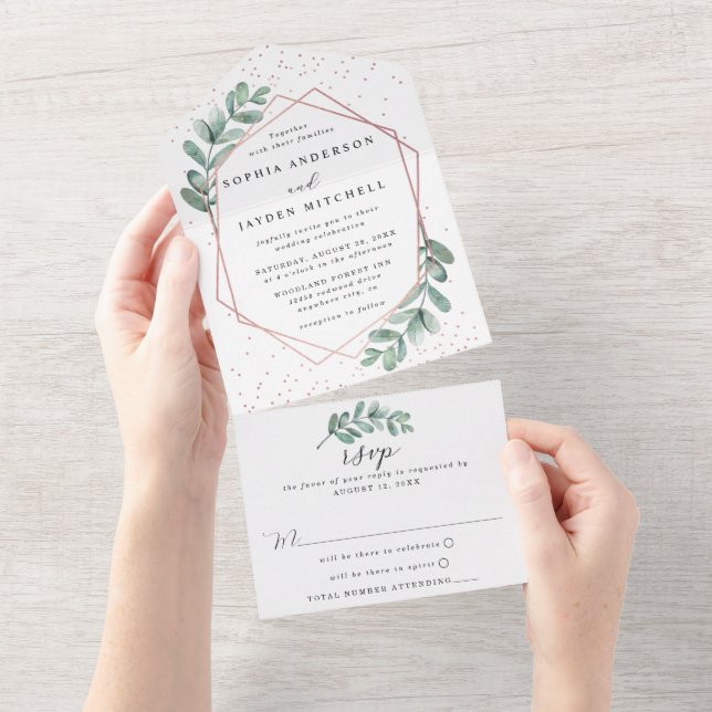Eucalyptus Geometric Rose Gold Foil Wedding All In One Invitation (Tearaway)