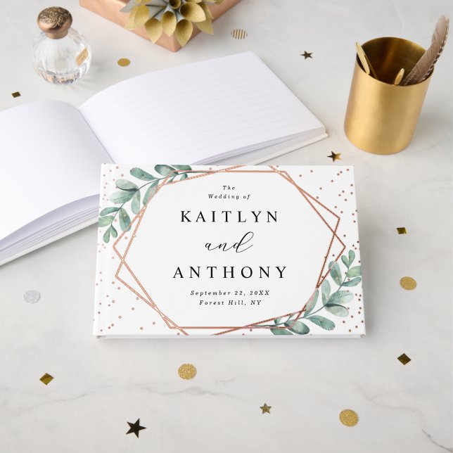 Eucalyptus Geometric Rose Gold Foil Wedding Guest Book (Front Open)