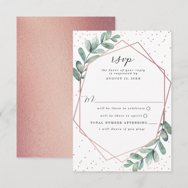 Eucalyptus Geometric Rose Gold Foil Wedding RSVP Card (Front/Back)