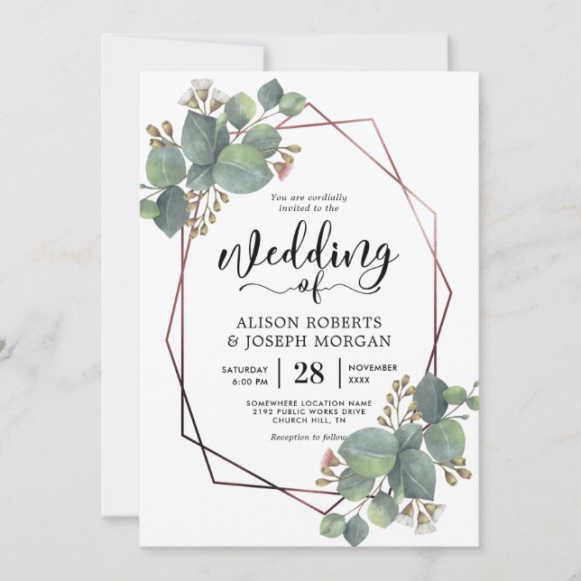 Eucalyptus geometric rose gold frame wedding invitation (Front)