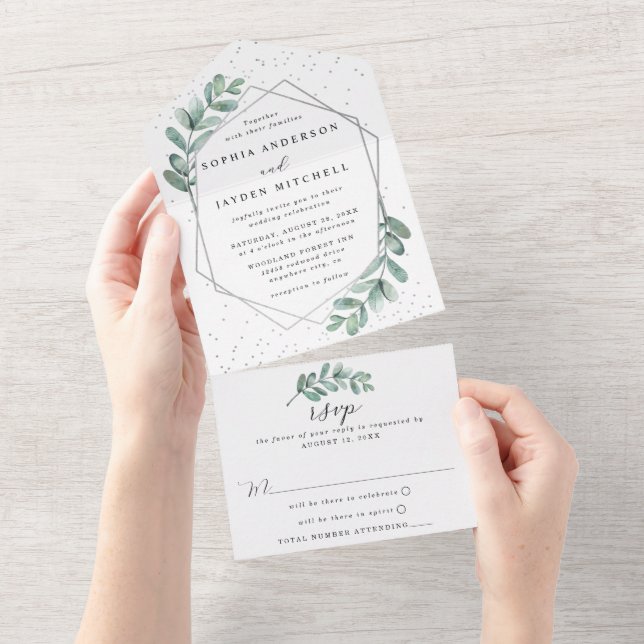 Eucalyptus Geometric Silver Foil Wedding All In One Invitation (Tearaway)