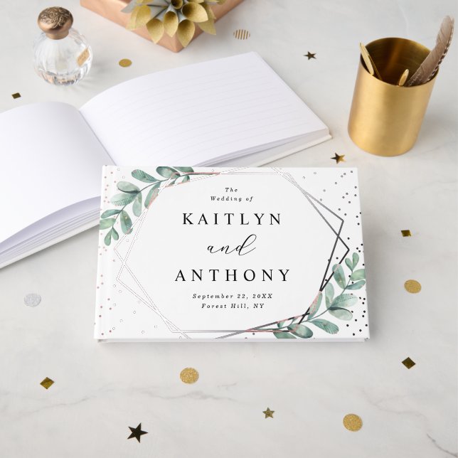Eucalyptus Geometric Silver Foil Wedding Guest Book (Front Open)