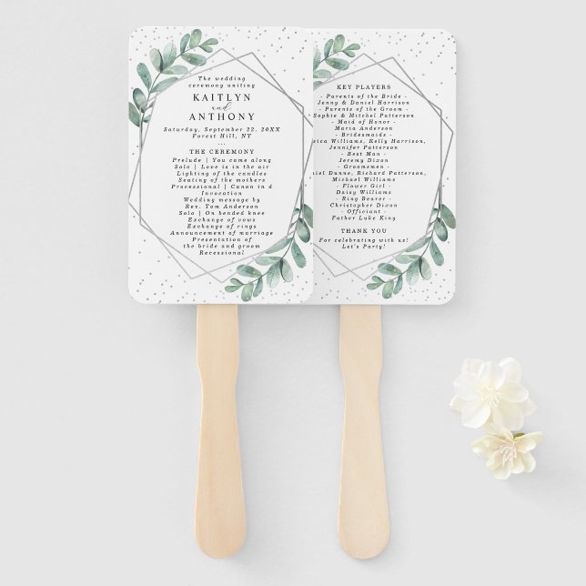 Eucalyptus Geometric Silver Foil Wedding Program Hand Fan (Front and Back)