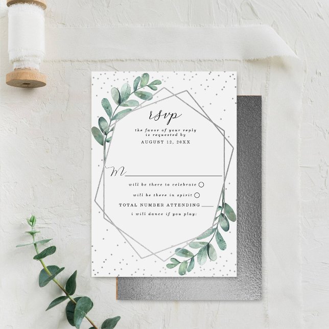 Eucalyptus Geometric Silver Foil Wedding RSVP Card (Creator Uploaded)