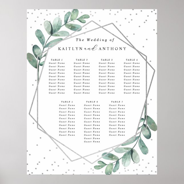 Eucalyptus Geometric Silver Foil Wedding Seating Poster (Front)