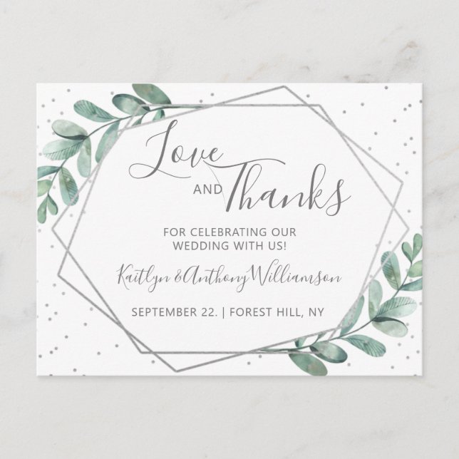 Eucalyptus Geometric Silver Foil Wedding Thank You Announcement Postcard (Front)