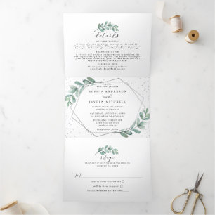 Eucalyptus Geometric Silver Foil Wedding Tri-Fold Invitation